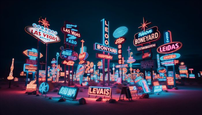 Guided tour at night in Las Vegas' Neon Boneyard, with glowing neon signs telling cultural and economic stories.