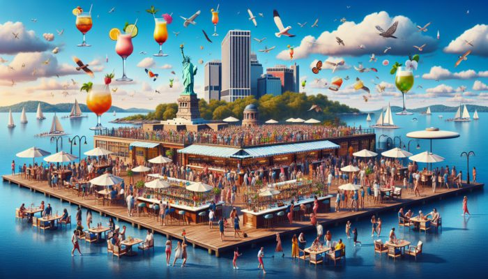 People enjoying colourful cocktails at Ellis Island bars, festive atmosphere, clear blue sky.