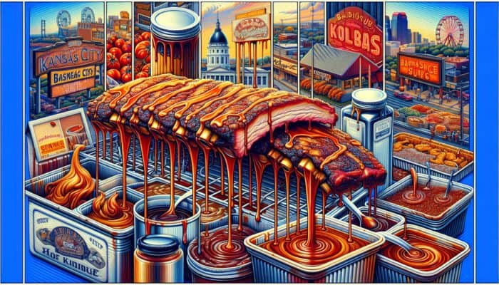 Thick, sweet sauce dripping from ribs, surrounded by molasses, brown sugar, tomatoes, historic BBQ scenes.