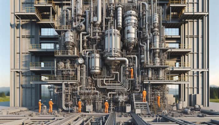 A modern boiler cross-section with pipes and valves, technicians servicing in a Ladner, Delta industrial setting.