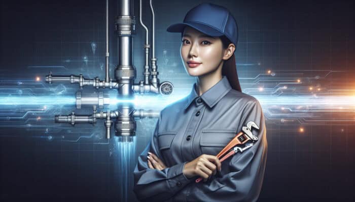 A skilled plumber utilizing advanced tools to repair and maintain a modern drainage system in a professional environment.