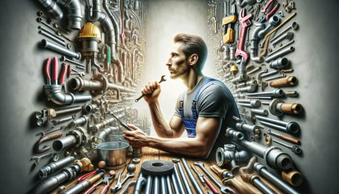 A plumber reviewing a checklist in a well-organized workshop to determine the best drain service.