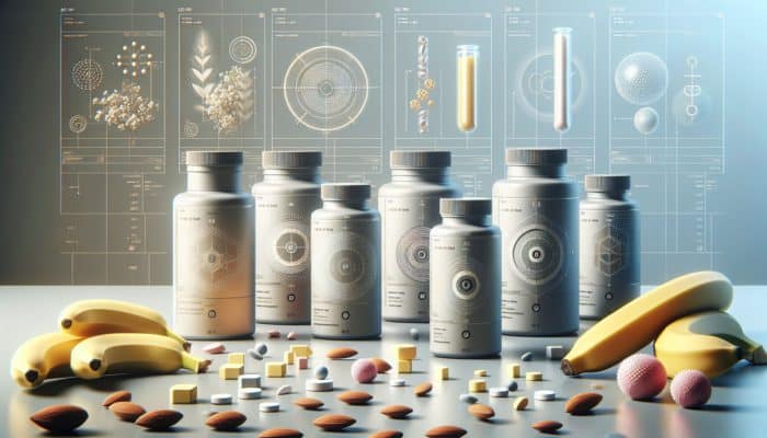 Close-up of supplement bottles, complete with dosage and timing labels, surrounded by magnesium and potassium-rich foods on a kitchen counter.