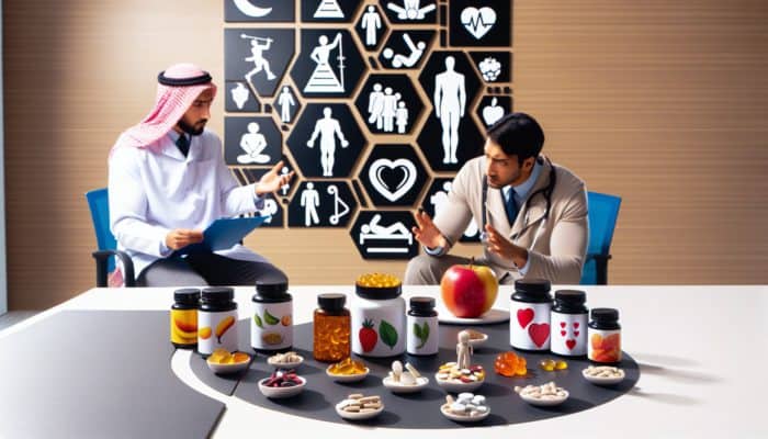 A nutritionist assessing a client's diet and lifestyle next to various supplements in a contemporary consultation room.