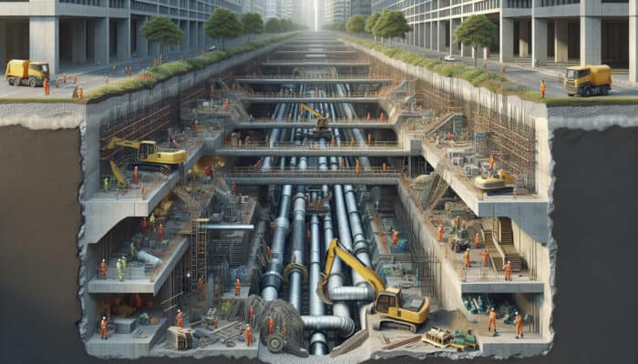 A modern concrete drainage system under construction in New Westminster, featuring workers and machinery.