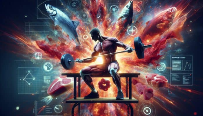 Creatine for Masters Athletes: Athlete lifting weights, energy radiating from muscles, with red meat and fish in background, illustrating creatine benefits.