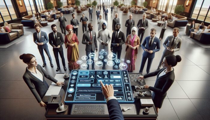 Hotel staff interacting with diverse guests in a luxurious lobby, using modern booking software and role-playing for enhanced service.