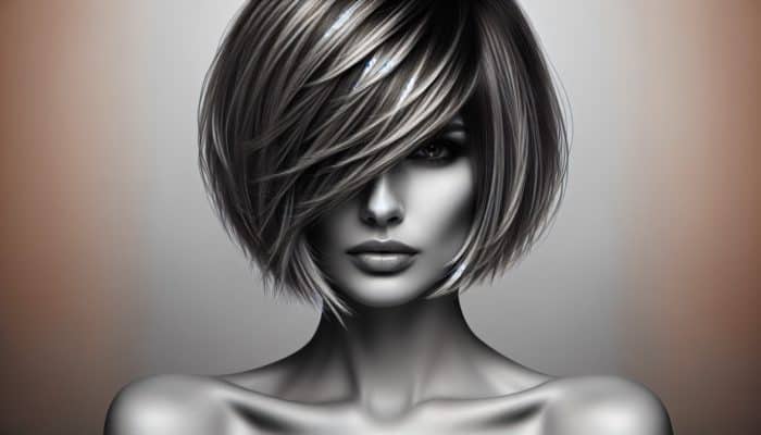 A stylish asymmetrical bob with longer front strands, layered texture, and root volume for a polished yet edgy appearance.