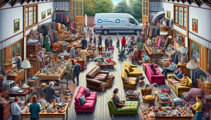 A vibrant garage sale in a living room with people browsing items; charity van outside for donations.