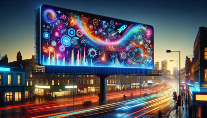 A dynamic digital billboard in Gillingham displaying expert advertising strategies with graphs and visuals.