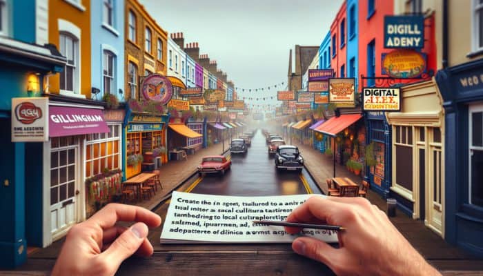 Gillingham street scene with various businesses showcasing tailored digital ads, reflecting local culture and trends.
