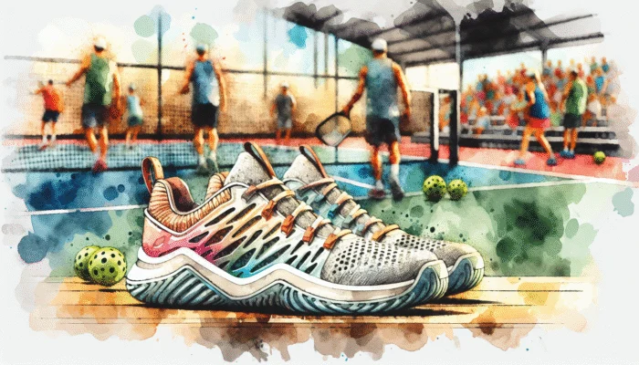 A pair of Xero Shoes positioned on a wooden bench with a blurred pickleball court in the background.