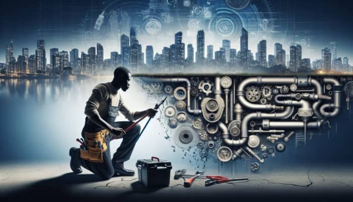 A plumber in Coquitlam cleaning a modern drain system with a city skyline in the background.