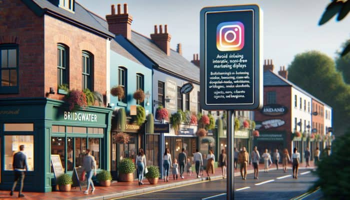 A vibrant street scene in Bridgwater showcasing small businesses effectively utilizing Instagram for marketing to attract diverse crowds.