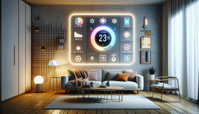 Smart thermostat displayed on a wall in a modern living room, controlled via smartphone, with sensors monitoring the heating system.