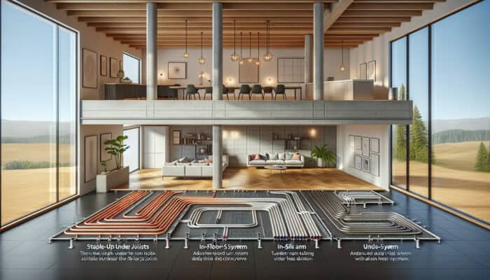 Showcasing four types of hydronic radiant floor heating systems in a contemporary room setting.