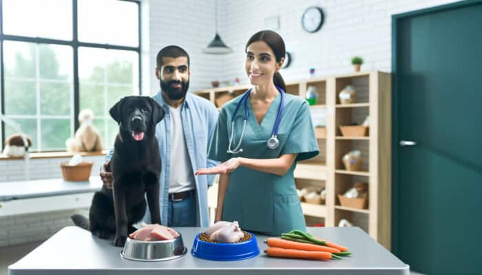 A veterinary clinic setting with a vet advising on cooked chicken, turkey, carrots, and green beans for pet health.