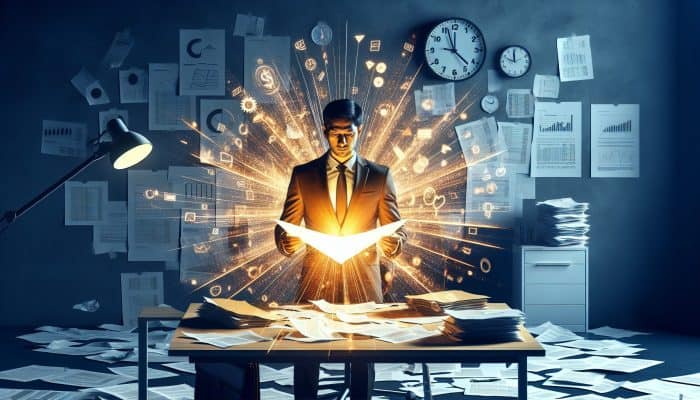 Debt Consolidation for Business Debt: UK Solutions | DCL Debt Consolidation for Business Debt: A businessman consolidating multiple debts into one glowing document on a minimalist desk, symbolising financial clarity.