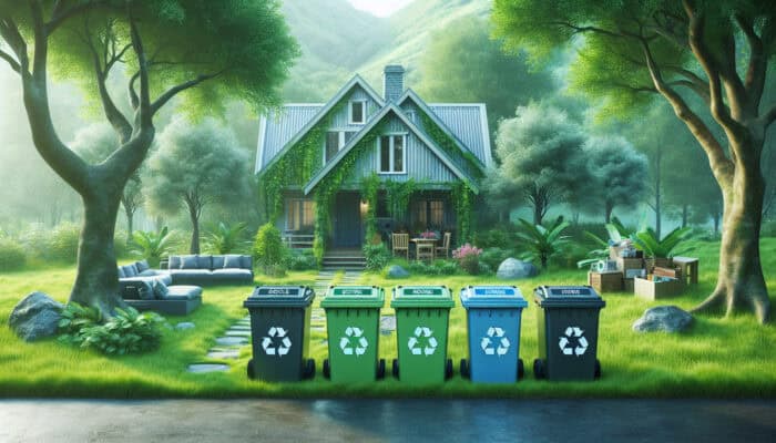 Bristol House Clearance: A serene home with greenery, items sorted into recycle, reuse, and donate bins for eco-friendly clearance.