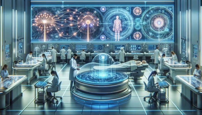 Advanced electroacupuncture devices in a modern medical environment featuring experts and satisfied patients.