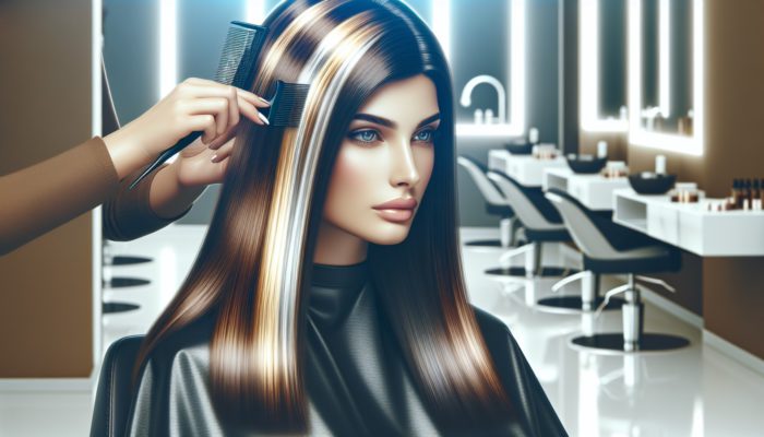 Woman receiving blonde highlights in a modern salon, showcasing effective highlighting techniques.