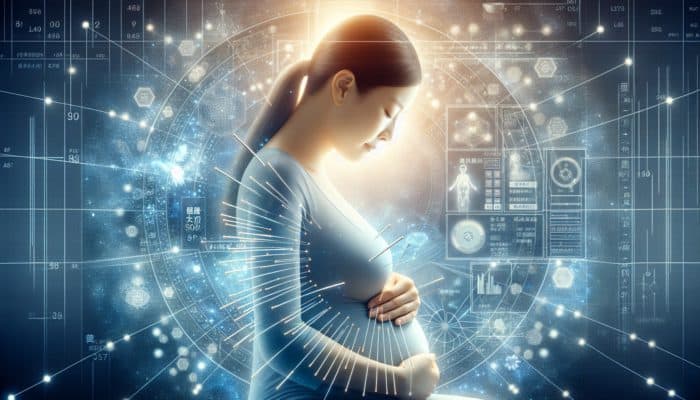 A pregnant woman receiving acupuncture at SP6 and LI4 points, surrounded by a soft glow.