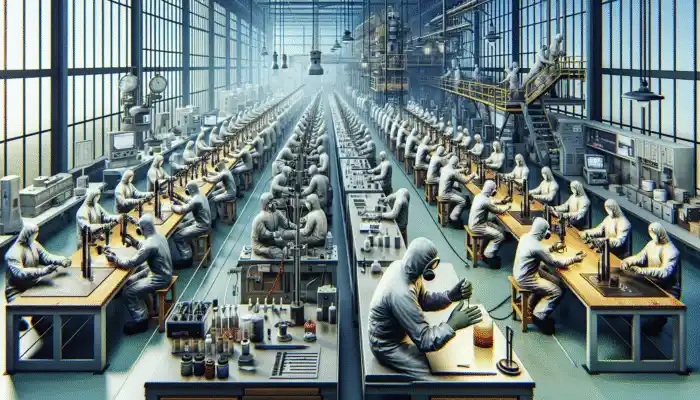 Workers in Goole lab conducting tests on safety gloves using advanced equipment for quality and durability.