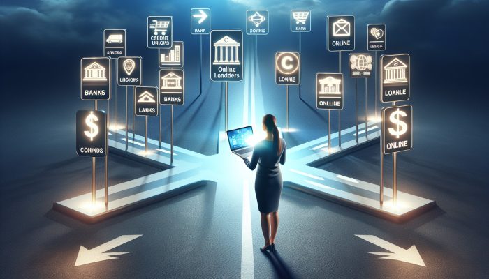 Debt Consolidation Loans With Low Fees: UK Guide | DCL A person at a crossroads with signs pointing to banks, credit unions, and online lenders, using a laptop to compare loan offers.