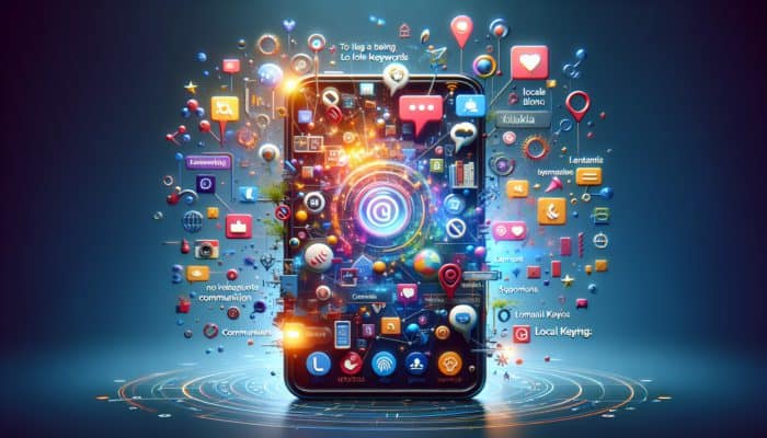 A smartphone displaying a local blog with photos, videos, social media buttons, and an active comments section, optimized for SEO.