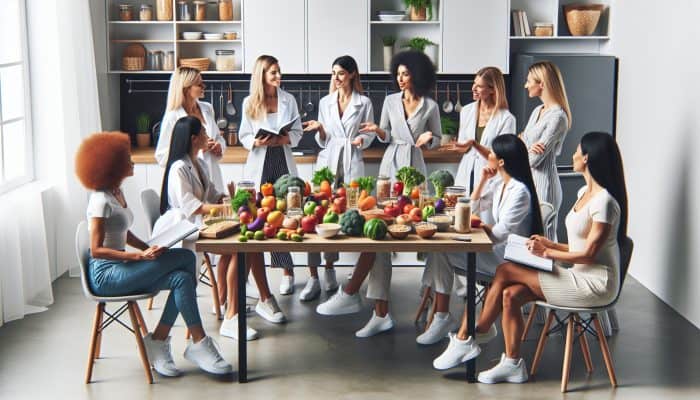 Various female nutritionists discussing budget-friendly meals in a modern kitchen surrounded by healthy foods and charts.