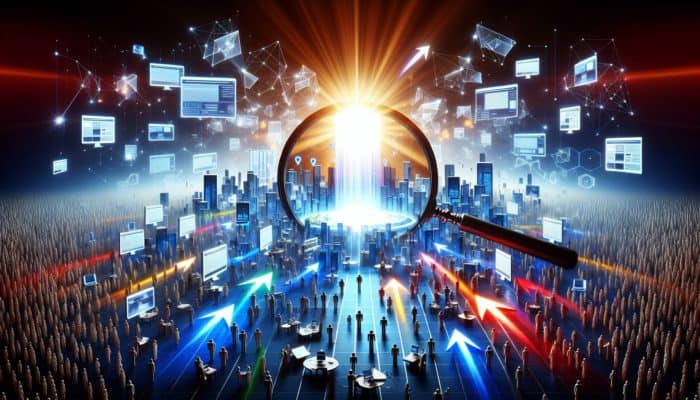 Small Business SEO in Tidworth: A magnifying glass highlights a glowing website among others, symbolising SEO boosting visibility and increasing traffic and sales.