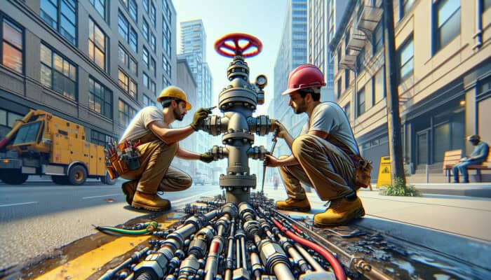 Illustration of a water valve replacement in West End, Vancouver, featuring tools and technicians at work.