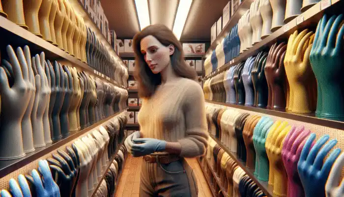 A woman in Herne Bay exploring various latex gauntlet gloves in a well-lit store.