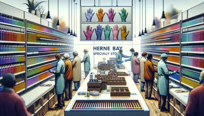 Shelves of premium latex gauntlet gloves in various thicknesses and chemical resistances, with staff demonstrating fit to customers.