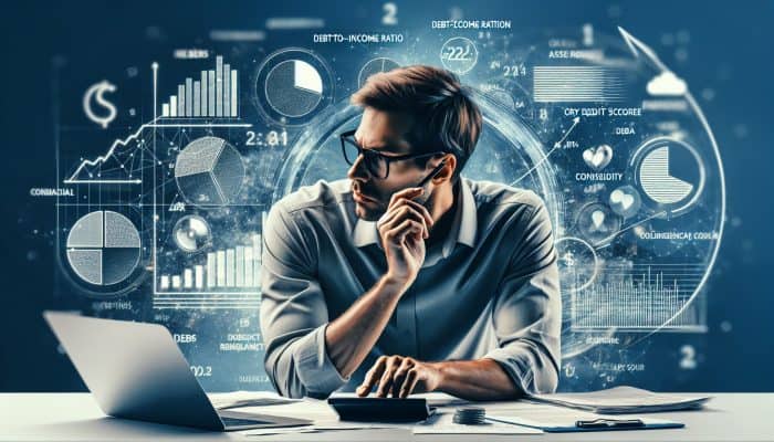 Freelancer calculating debt-to-income ratio and reviewing credit score for debt consolidation.