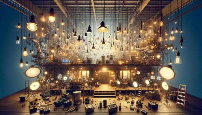 Loft illuminated with LED work lights, headlamps, floodlights, lanterns, string lights, and clip-on spotlights for enhanced safety and visibility.