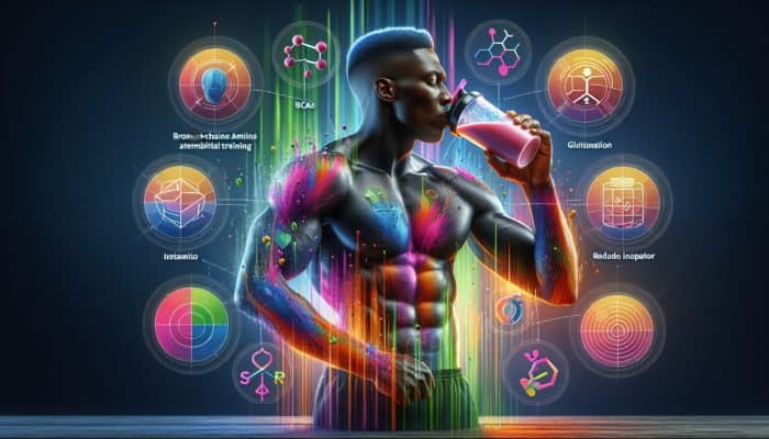 Athlete drinking colourful supplement shake post-HIIT, with BCAAs, glutamine, and antioxidants aiding muscle repair and reducing inflammation.