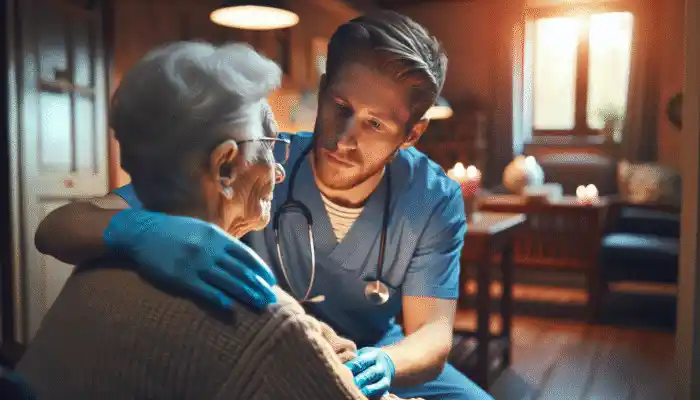 A Care Home Staff Member in Blue Gloves Assisting an Elderly Resident: Focus on Gloves and Compassionate Interaction.