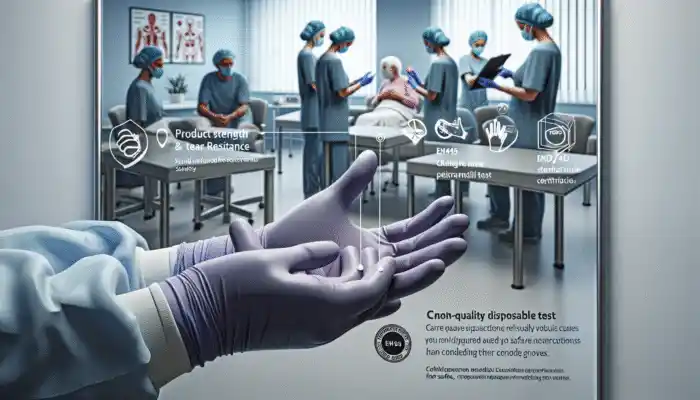 High-Quality Disposable Gloves in Care Home: Certified EN455 and FDA, Undergoing Strength and Tear Resistance Tests, with Staff Audits.