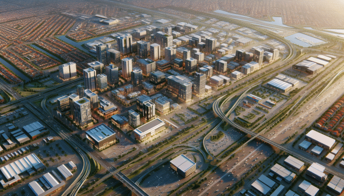 Aerial view of Vereeniging properties near amenities and transport routes, showing location's impact on prices.