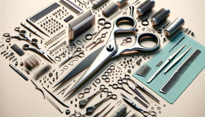 Practising Scissors and Clippers Handling: Close-up of scissors with pivoting blades and hair clippers with shearing blades, surrounded by crafting and grooming tools.