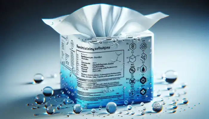 Medical tissue wipes with droplets of sanitizing solution eliminating germs on a clinical surface.