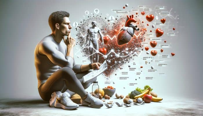 Individual reviewing cholesterol results, contemplating dietary and exercise adjustments, surrounded by healthy food and workout gear.