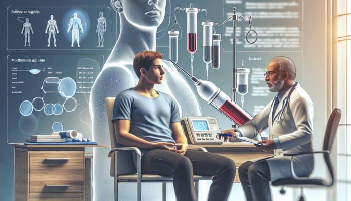 Individual fasting for eight hours prior to a diabetes blood test, consulting with a healthcare provider about medications in a clinic.