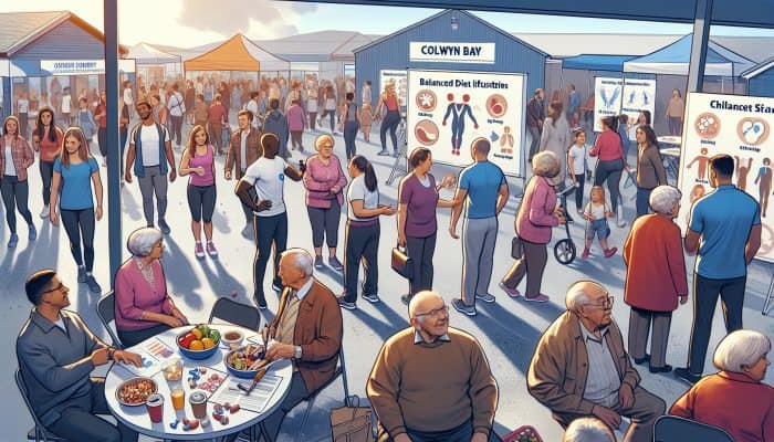 A vibrant community health fair in Colwyn Bay focusing on diabetes management featuring educational workshops and fitness activities.